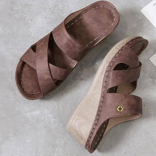 Vista 6 de ZiSUGP - Sandalias y zapatillas de tacón de pendiente para mujer, marrón, 7 ancho