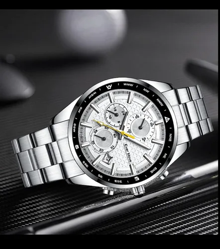 Vista 2 de Relojes de pulsera para hombre, cronógrafo, casual, de cuarzo, con correa de acero inoxidable, impermeable, taquímetro, fecha