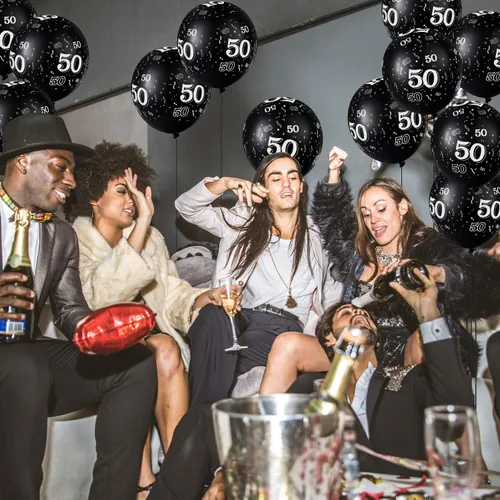 Vista 5 de Gejoy 36 globos negros de 12 pulgadas para cumpleaños de 50 años, decoraciones de fiesta de 50 años, globos de látex para hombres y mujeres