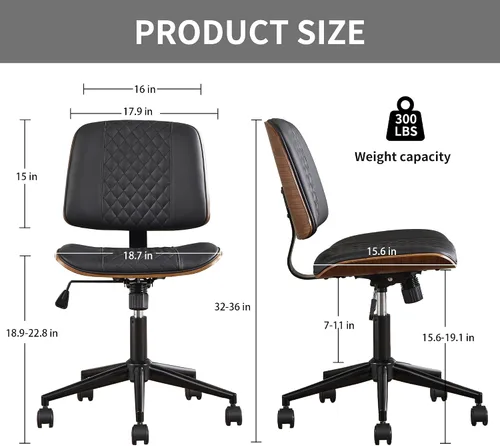 Vista 2 de Silla de escritorio de oficina con ruedas sin brazos, silla de computadora Negro