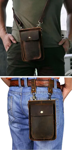Vista 7 de Le'aokuu Riñonera de cuero genuino para hombre, 021 A1 Marrón Oscuro