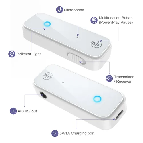 Vista 5 de Adaptador Bluetooth auxiliar para automóvil, receptor transmisor Bluetooth 5.3 2 en 1 para llamadas manos libres, cancelación de ruido Receptor
