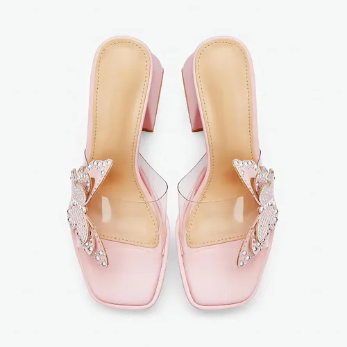 Vista 4 de NEWBELLA Sandalias de tacón alto de mariposa con diamantes de imitación, tacones gruesos con punta cuadrada abierta, pantuflas de verano sin
