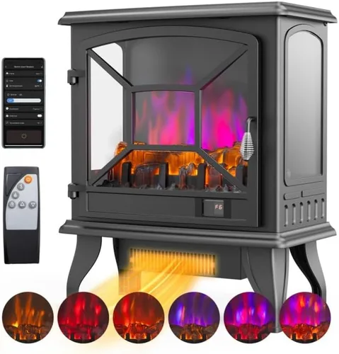 Vista 8 de ROVSUN Estufa Eléctrica de Chimenea de 20" H Calentador de Espacio, 1400W Portátil Independiente con Termostato, Troncos de Llama Realista