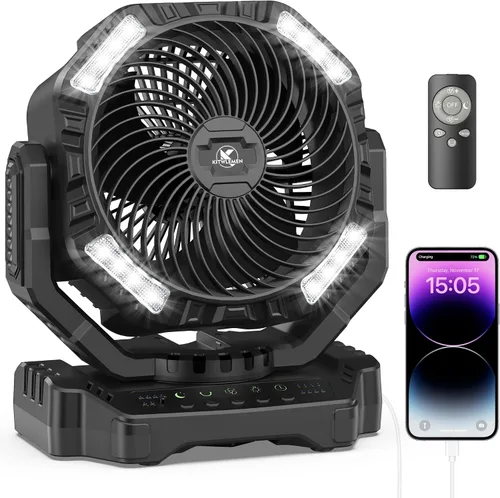 Vista 10 de KITWLEMEN - Ventilador de campamento alimentado por batería de 20 000 mAh, refrigeración máxima de 58 horas, 4 velocidades, luz brillante y gancho