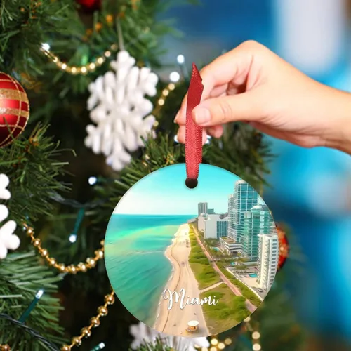 Vista 4 de Miami Beach - Decoraciones navideñas para árbol, Florida, Estados Unidos, adorno de Navidad de paisaje urbano 2022, recuerdo de viaje, adornos