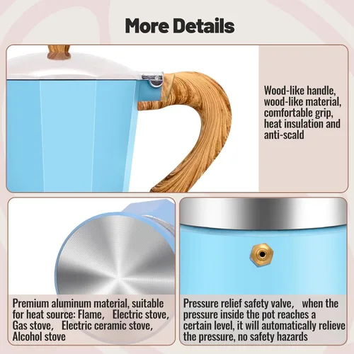 Vista 5 de Cafetera clásica de aluminio para 3 tazas, cafetera espresso de 5.1 fl oz, 5 onzas, cafetera de moca, olla greca, cafetera para café italiano y Azul
