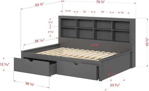 Vista 3 de Donco Kids Equable Modern - Estantería de sofá cama matrimonial en acabado gris oscuro con cajones dobles debajo de la cama