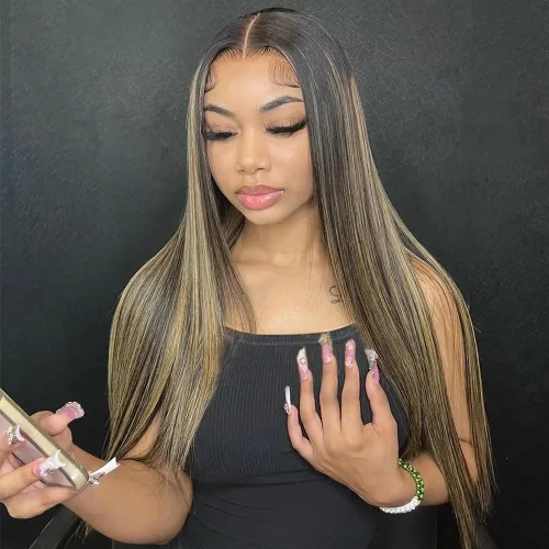 Vista 4 de Peluca de cabello humano con encaje frontal transparente HD 1B 27 de color degradado 1B 27, con nudos blanqueados, densidad del 180%, prearrancada