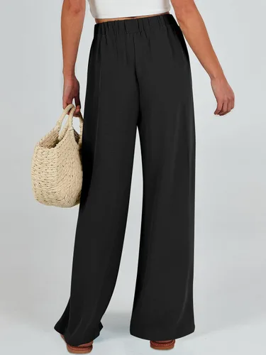 Vista 5 de Caracilia Pantalones palazzo de pierna ancha para mujer, de cintura alta, ajustables, con lazo, holgados, informales, con bolsillos