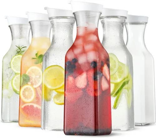 Vista 10 de NETANY Jarra de agua de plástico de 50 onzas con tapa abatible, juego de 2 recipientes de jugo de base cuadrada, jarra de plástico transparente