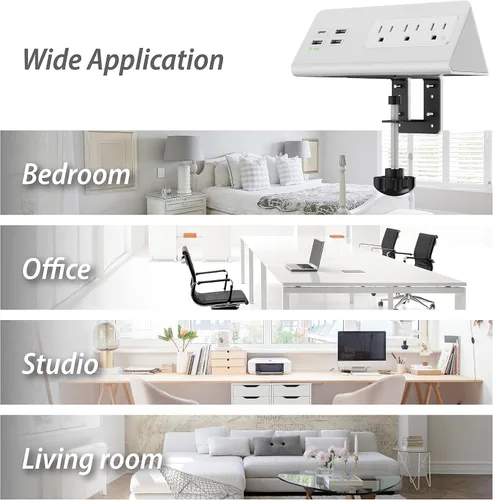 Vista 9 de Regletas de alimentación con abrazadera para borde de escritorio con 4 puertos USB (1 puerto PD 20 W USB-C) y 3 salidas de CA, protector