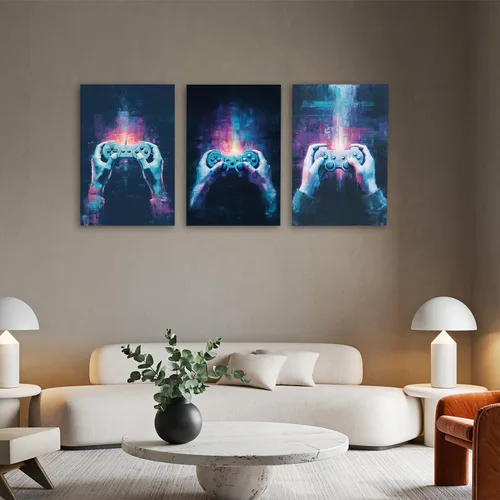 Vista 6 de QiQiyigou 3 impresiones artísticas enmarcadas para pared, controlador de juegos retro en manos, un homenaje a la cultura arcade de los años 80, una