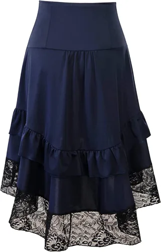 Vista 2 de Nenahot Falda gótica victoriana alta baja para mujer, falda pirata steampunk, falda retro con volantes de encaje vikingo