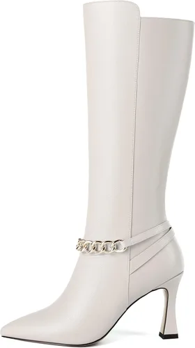 Vista 2 de SKYSTERRY Botas de mujer con punta puntiaguda para citas, viajes, con cremallera, de tacón alto, a media pantorrilla, 3.3 pulgadas