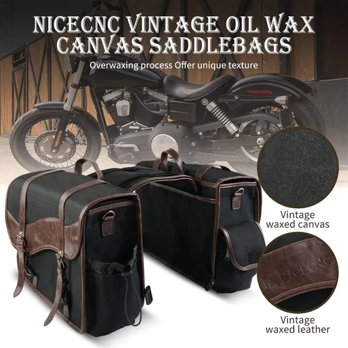 Vista 2 de NICECNC Bolsas de sillín para motocicleta, alforjas vintage de lona encerada en aceite, bolsas laterales de gran capacidad compatibles con Harley