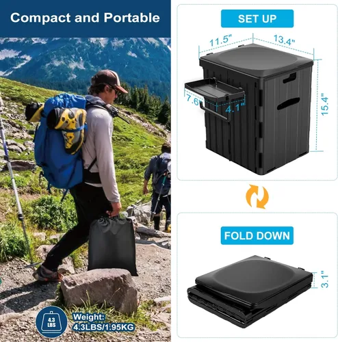 Vista 6 de Inodoro portátil XL para adultos, extra grande de 15.4"H plegable para acampar con estante desmontable para teléfono y soporte para papel