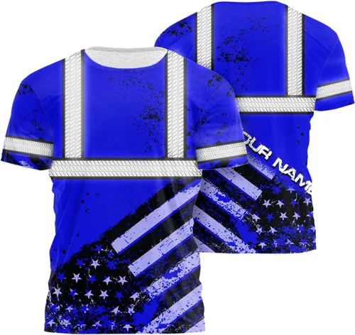 Vista 31 de Camisa de alta visibilidad de calavera con bandera de Estados Unidos para hombres, camisas de seguridad con nombre personalizado, ropa de trabajo