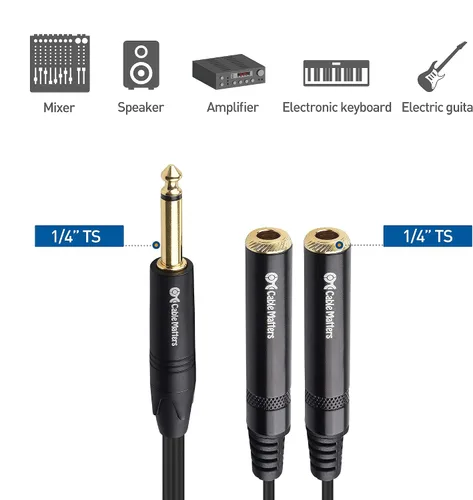 Vista 3 de Cable Matters Paquete de 2 cables divisor TS macho a 2X TS hembra 1/4 (cable divisor de 0.250 in) en negro - 0.7 ft / 6 pulgadas