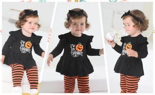 Vista 4 de Noubeau My 1st Halloween Baby Girl Outfits Ruffle Pumpkin Print Túnica Drees Camisa Pantalones Rayas Legging Otoño Invierno Ropa