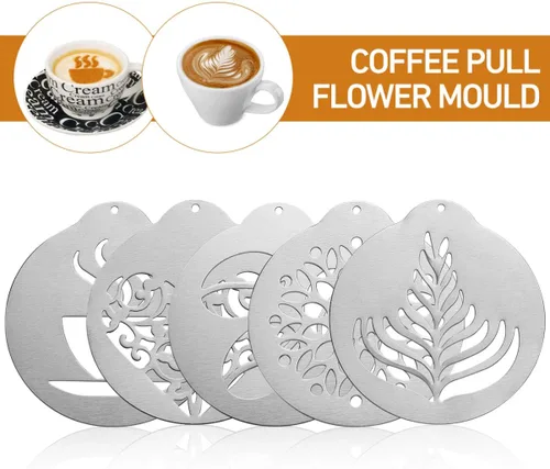 Vista 4 de Plantillas decorativas de café, 5 plantillas de arte de acero inoxidable, para guirnalda, capuchino, plantillas de arte para mousse, pastel de taza