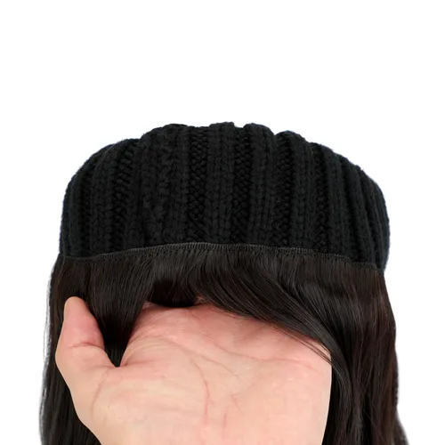 Vista 5 de Gorro para mujer con pelo adjunto, gorro de punto cálido con pompón unido de 14 pulgadas de largo, ondulado, extensiones de cabello rizado, postizo