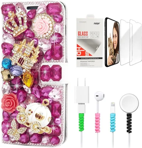 Vista 4 de Bling Wallet - Funda para teléfono compatible con Google Pixel 6a, elegante, 3D, hecha a mano, con cristal de pavo real, magnética, con protector
