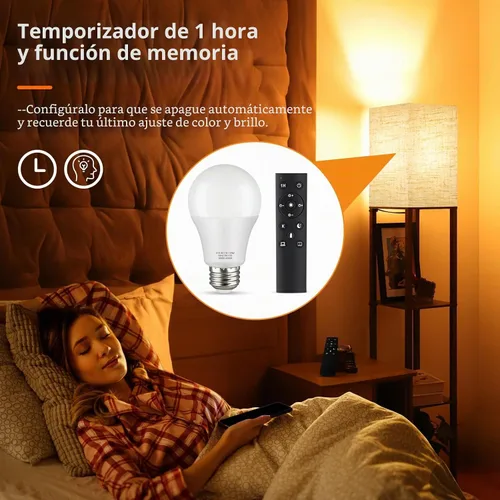 Vista 4 de OUTON Bombilla LED A19 con control remoto, bombilla LED eficiente de 9 W (equivalente a 60 vatios), 810 LM, regulable, 3000K-6000K, base E26 Blanco