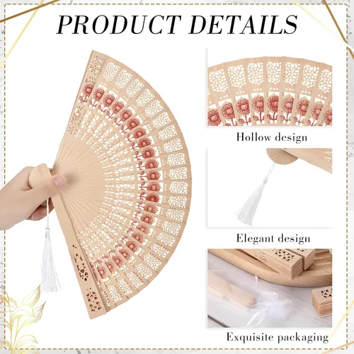 Vista 3 de Geelin 150 juegos de abanicos de sándalo con borlas, funda de organza y etiqueta de regalo de agradecimiento, ventilador de mano de estilo oriental