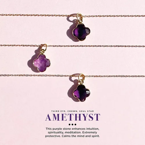 Vista 66 de Genuine Gemstone Necklace, Carved Four Leaf Clover Shape, Amethyst, Moonstone, Amazonite, Tourmaline, Labradorite, 925 Sterling Silver Jewelry