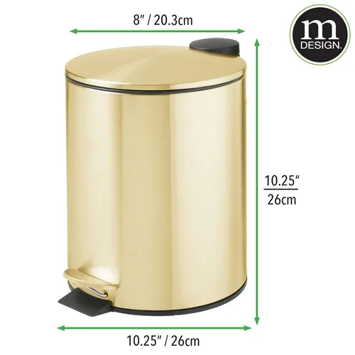 Vista 3 de mDesign Cubo de basura de metal de 1.3 galones/5 litros con escalón redondo, contenedor de basura con tapa para baño, tocador, dormitorio, cocina