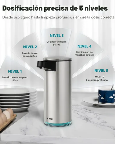 Vista 5 de Aike SensePro Dispensador Automático de Jabón Tipo-C Recargable, Acabado de Acero Inoxidable Cepillado 12.8 fl.oz. para Jabón Líquido Type-C