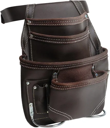 Vista 6 de Genuine Leather Tool Pouch Bag with 2'' Work Belt Included for Handyman, Construction, Carpenter, Farmers with 10 Pockets 2 Hammer Holders