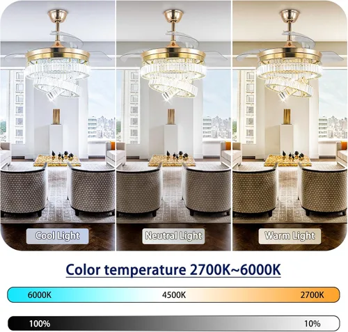 Vista 4 de CLAIRDAI Ventilador de techo de 42" de oro con candelabro de cristal y luces con APP y control remoto, lámparas regulables, 3 cambios