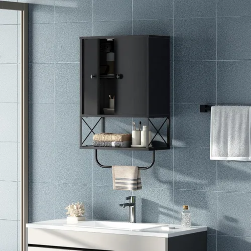 Vista 5 de MAHANCRIS Armario de pared de baño con 2 puertas y estante ajustable, botiquín de granja con toallero, armario de almacenamiento montado en la pared