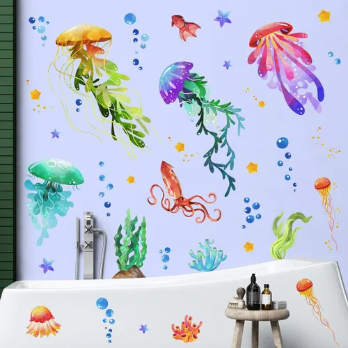 Vista 3 de Calcomanías de pared creativas 3D extraíbles bajo el mar, coloridas medusas y algas marinas, calcomanías de pared subacuáticas con vista al océano