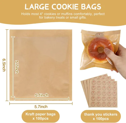 Vista 2 de SUREHOME Bolsas de Galletas Pequeñas de Papel Marrón con Ventana 100 Piezas Adhesivos de Agradecimiento 5.7 x 6.5 Pulgadas Bolsas de Panadería