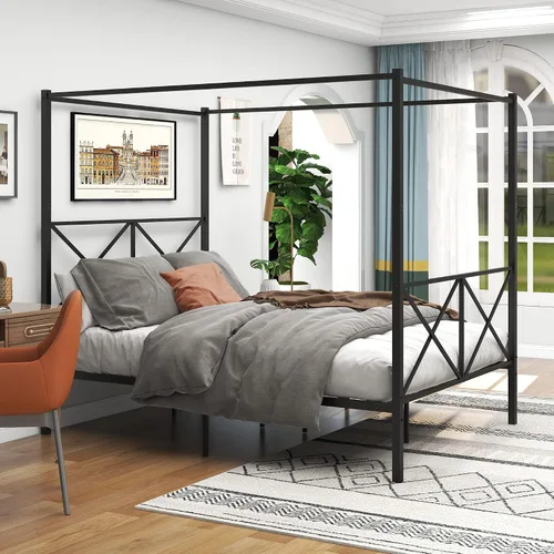 Vista 4 de Cama con dosel de metal, con plataforma de 4 postes de Coner con cabecera entrecruzada y estribo, tamaño Queen