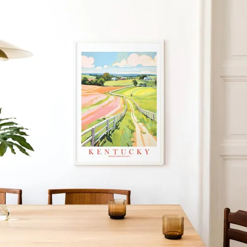 Vista 8 de ColorAndFlair Kentucky Travel Print Bluegrass State Souvenir KY Horses Nature Pink Green Wall Art Retro Poster Pintura de Paisaje (11 x 14 pulgadas)