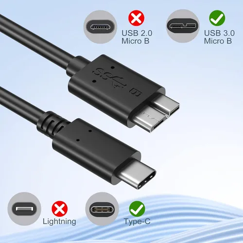 Vista 5 de Cable micro B a USB C, cable de disco duro externo USB 3.1 Gen1 5Gbps cable de repuesto de cámara de transferencia de datos compatible con Seagate