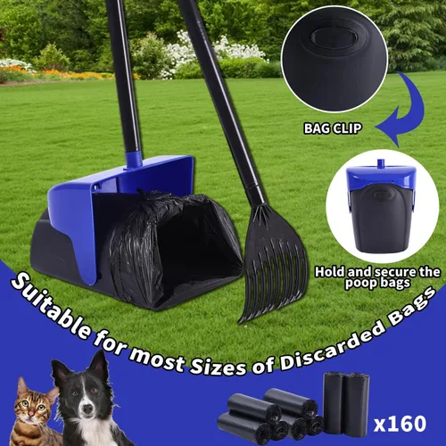 Vista 4 de Cubo giratorio grande y rastrillo con 160 bolsas de residuos, recogedor de excrementos de perro resistente con accesorio para bolsa para perros