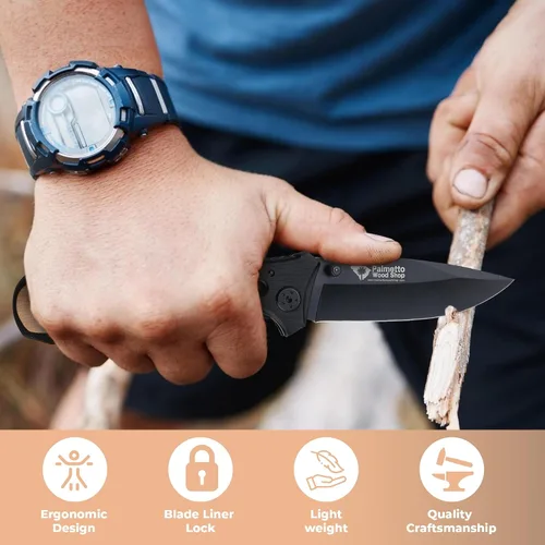 Vista 5 de Palmetto Wood Shop - Cuchillo de bolsillo grabado con láser, regalo para hombres 3.25" Stainless Steel Blade, Real Wood Handle, Personalized Text