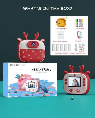Vista 7 de Dragon Touch InstantFun2 - Cámara infantil con doble lente, papel de impresión, calcomanías, bolígrafos y bolsa para niñas y niños (rojo)