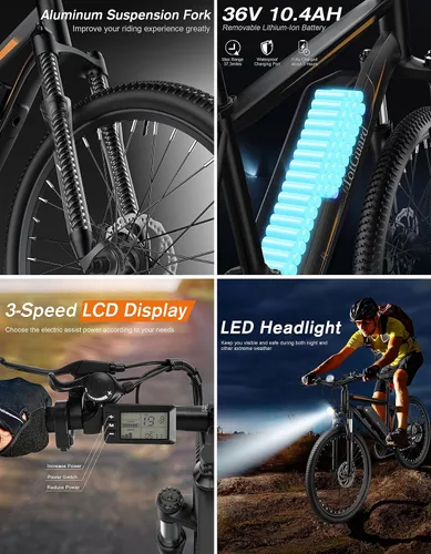 Vista 6 de TotGuard Electric Bike for Adults, 26" Ebike with Peak 500W Brushless Motor, Electric Mountain Bike with 374Wh Removable Battery, 50 Miles Electric