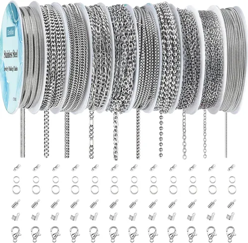 Vista 8 de Ecoofor Cadenas de collar de oro para hacer joyas, 62.3 pies, 8 rollos de cadenas de joyería para hacer collares, pulseras y joyas con anillos