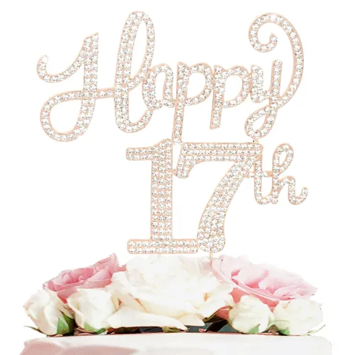 Vista 112 de LASKYER Decoración de feliz cumpleaños número 10, decoración de pastel de diamantes de imitación dorados de 10º cumpleaños – Letrero de metal