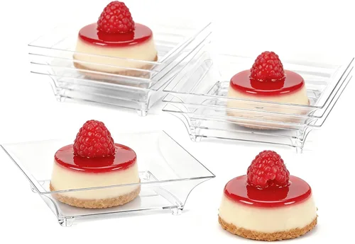 Vista 3 de Zezzxu 100 paquete de mini platos de postre con tenedores de degustación, 2.5 pulgadas pequeños platos cuadrados reutilizables de plástico