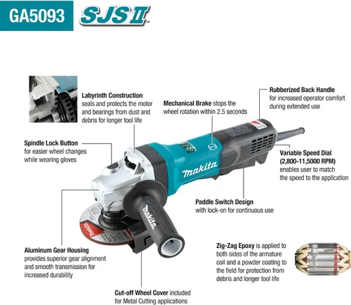 Vista 2 de Makita GA5093 Amoladora angular de alta potencia SJSII de 5", interruptor de paleta, con freno