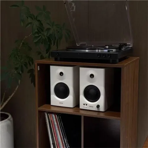 Vista 6 de Soporte para tocadiscos de madera, mesa de tocadiscos de gran capacidad, gabinete de almacenamiento abierto para medios, adecuado para sala