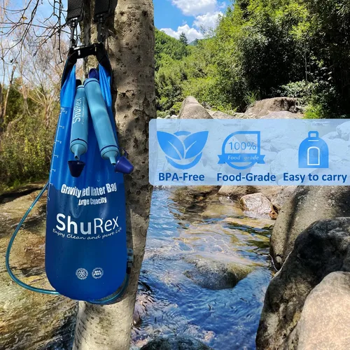 Vista 5 de Sistema de filtración de agua alimentada por gravedad con correa ajustable para árboles, bolsa de gravedad grande con popote de filtro, purificador